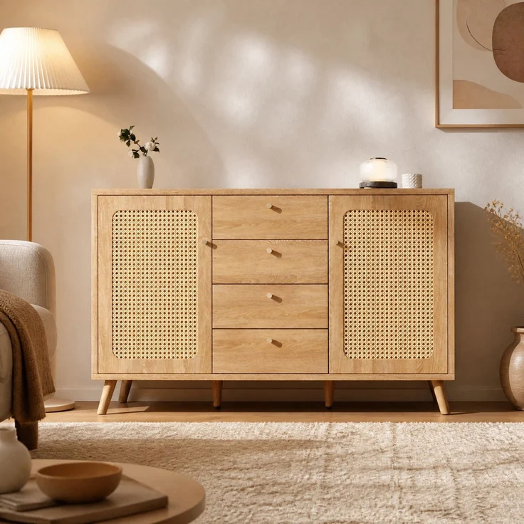DESVIAE Sideboard mit 4 Schubladen und 2 Türen 140x86x40 cm aus Spanplatte und MDF, helle Eiche – Bild 1