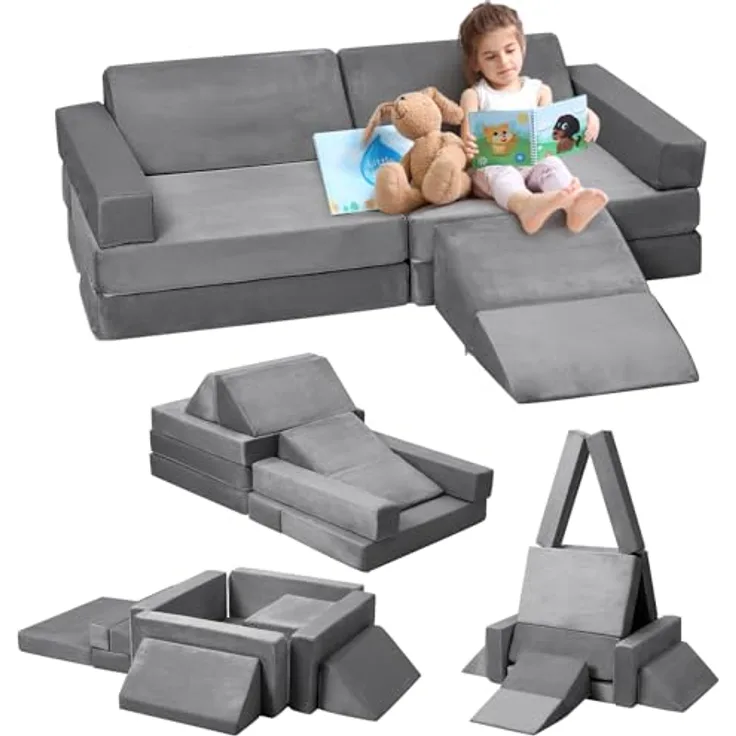 Kindersofa, 12 Stück, Sofa für Kinder mit Schaumstoffblöcken, dick, widerstandsfähig, mit verdecktem Reißverschluss, modulares Sofa, faltbar, Grau