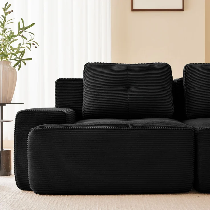 Boneless Modulsofa,Modernes L-förmiges Modulsofa für Wohnzimmer mit Tiefem Sitz bequemes Corduroy-Cloud-Sofa mit Ottoman Getuftetes Zweisitzer-Schlafsofa,Corduroy,Schwarz, – Bild 9