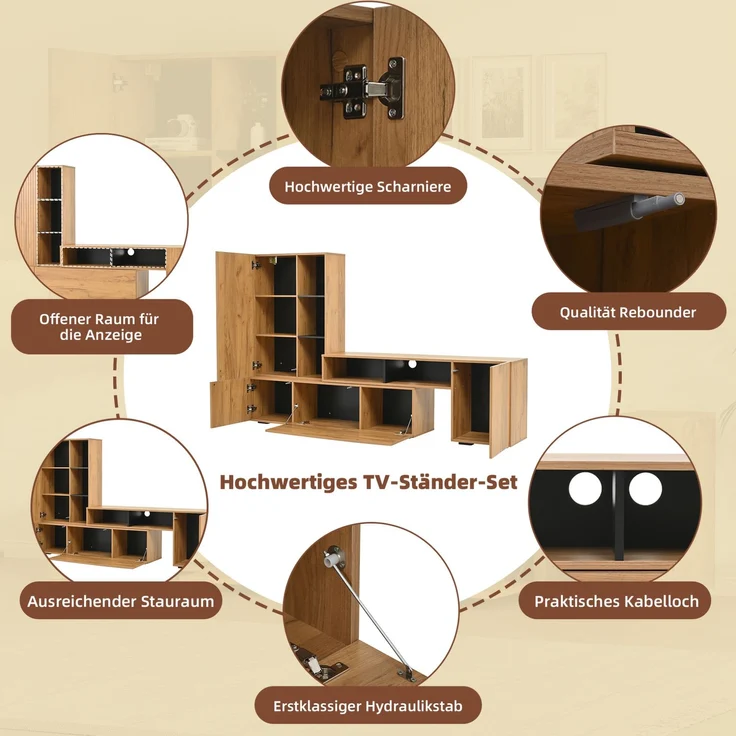 DESVIAE TV-Schrank-Set mit Wandschrank, 174-265x53,5x35 cm, Spanplatte, Eiche/Schwarz, 4 Türen – Bild 6