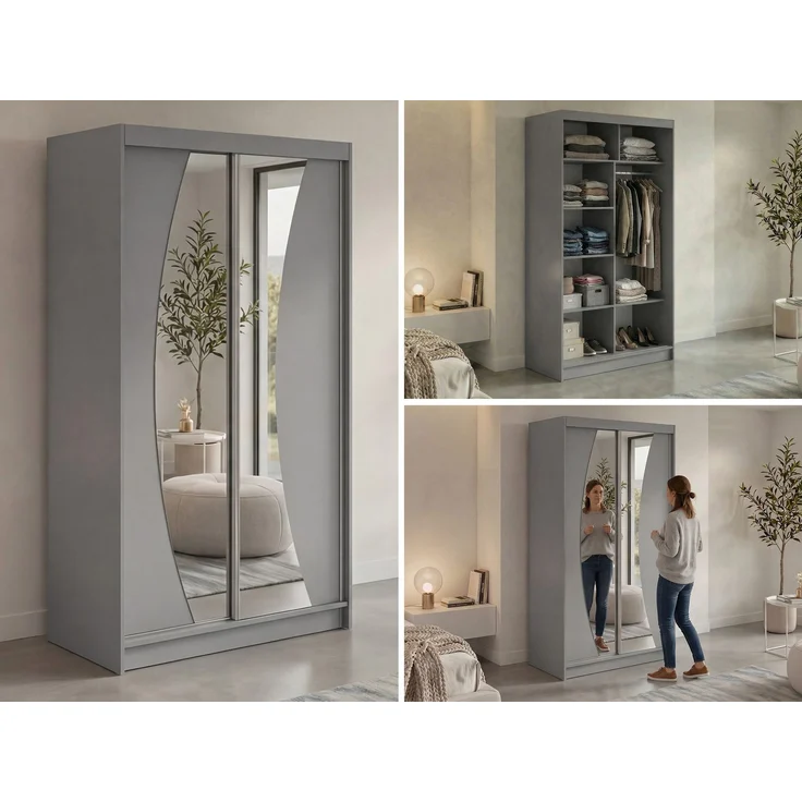Schwebetürenschrank VERONA mit großer Spiegelfront, moderner Kleiderschrank, Breite 120 cm - Grau, inkl. Innenausstattung – Bild 2