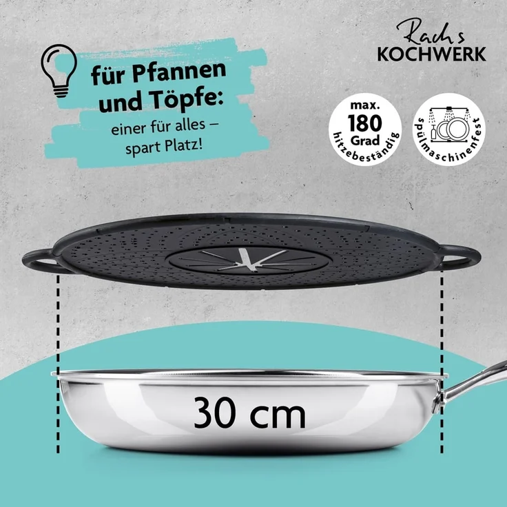 Rachs KOCHWERK Spritzschutzdeckel Silikon Überkoch- und Spritzschutz 31cm schwarz, für Pfannen und Töpfe Abgießhilfe Spritzschutz Dampfgarer Untersetzer – Bild 3