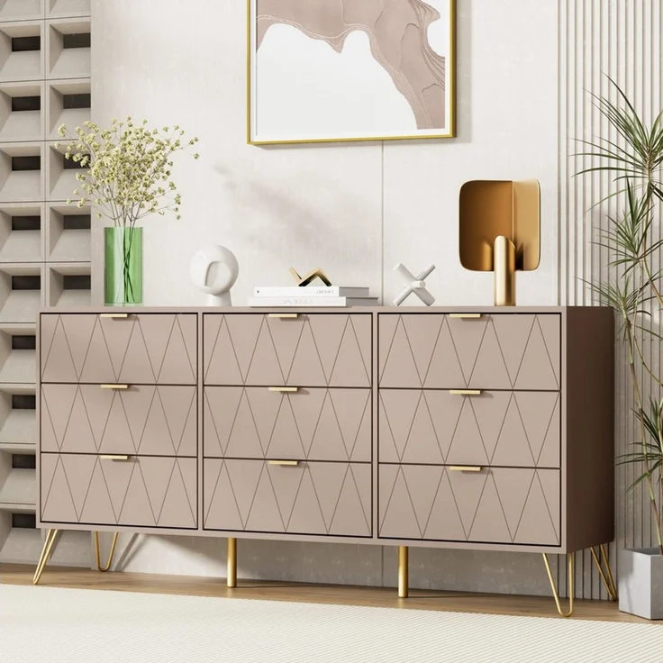 UEV Schlafzimmer-Set 3er-Set Schlafzimmermöbel, Möbelset im skandinavischen Stil, (Modern Linienmuster, Kommode mit 9 Schubladen und 2er-Set Nachttisch), Schrank mit Kippschutz, Goldene Griffe und Füße, Soft-close – Bild 4