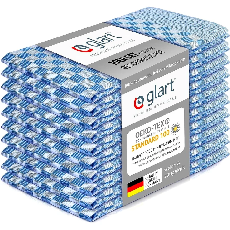 Glart 48SB 10er Set Küchentücher 50x70 cm aus 100% Baumwolle in blau, Oeko-TEX Standard 100 Zertifiziert, fusselfrei, waschbar, vorgewaschen für die Küche und Abwasch