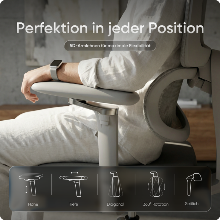DESKSPACE Move Pro Ergonomischer Bürostuhl - Höhenverstellbarer Drehstuhl 3-stufiger Neigung Schreibtischstuhl, Bürodrehstuhl 150 kg Grau – Bild 4