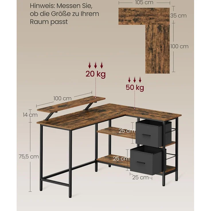 VASAGLE L-förmiger Schreibtisch, 2 geräumige Schubladen, Computertisch mit Monitorständer, Eckschreibtisch, Gaming-Tisch mit Verstellbarer Ablage 135x105 cm vintagebraun LWD098B01 – Bild 6