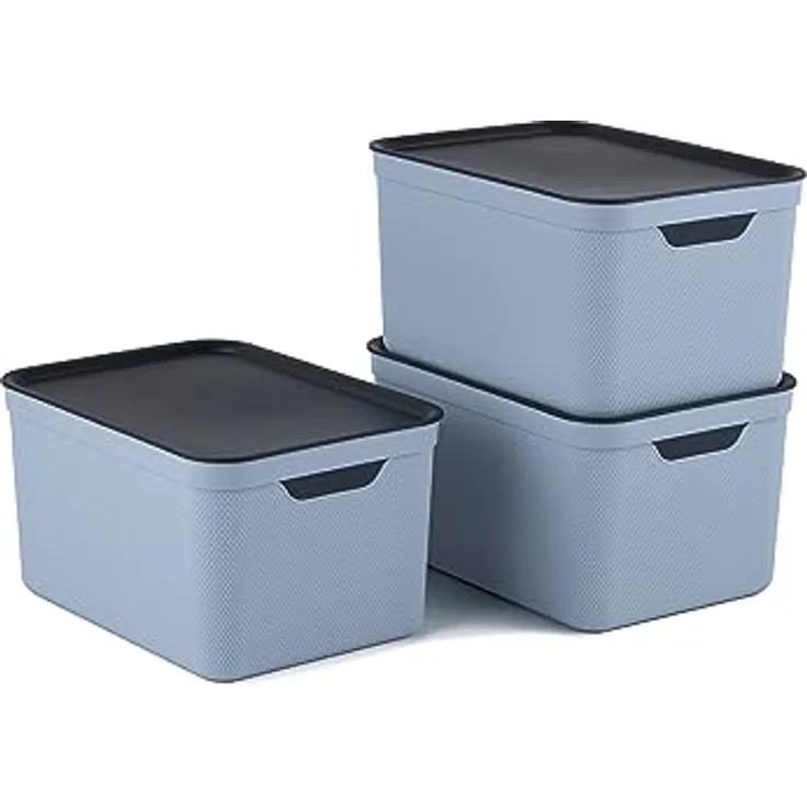 Jive 3er Set Dekobox A4 fog blue 3er- Set Aufbewahrungsbox 16l mit Deckel, Kunststoff (PP recycelt), blau/anthrazit, 3x16l (37.5 x 27.8 x 29.8 cm) – Bild 2