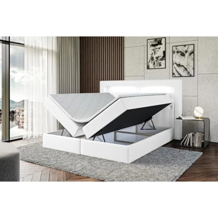 ALTDECOR Boxbett, Weiß Hochglanz, 200x200 cm, mit LED Licht, zwei Bettkästen, 21 cm hoch, Härtegrad H4, inklusive Topper und abnehmbaren Bezug – Bild 7