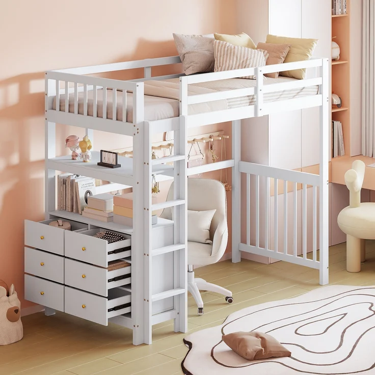 Weißes Hochbett 90x200 cm Mit 6 Schubladen Und Sicherheitsleiter Kinderhochbett Mit Aufbewahrungsschrank Massivkiefer Etagenbett Stauraum Lösung Sicherheitsbett Jugendzimmer Regal Unterbett – Bild 2