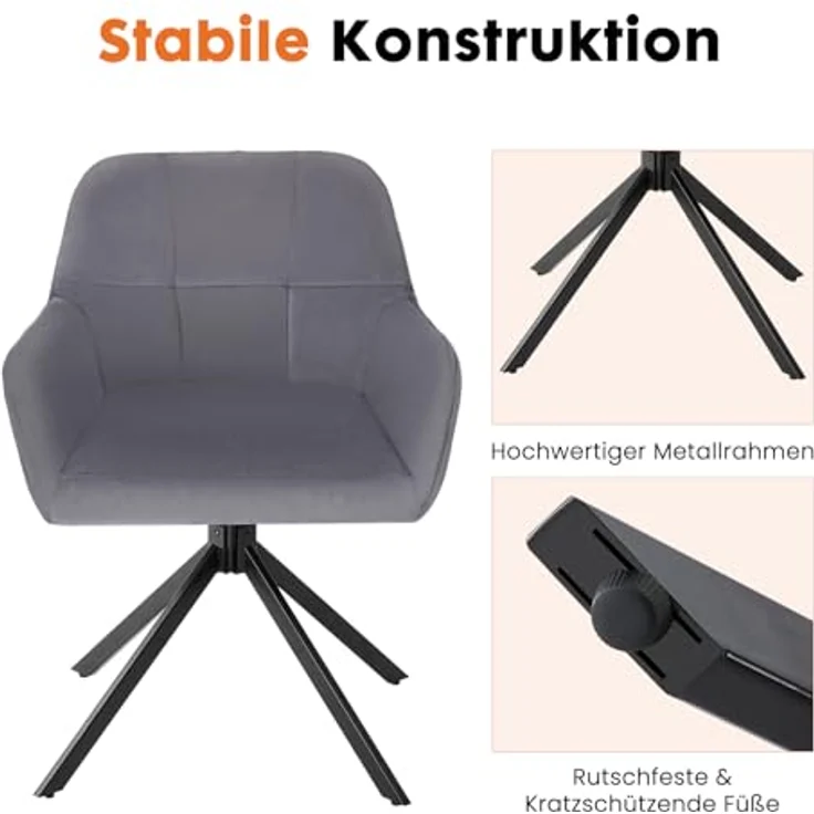 Sweetcrispy Esszimmerstuhl 2er Set, 360° Drehstuhl Esszimmer, Küchenstuhl, Samt Schminktisch Stuhl, bis 120 kg belastbar, Sessel mit Armlehnen Stahlbeine, Schreibtischstuhl für Arbeitszimmer, Grau – Bild 6