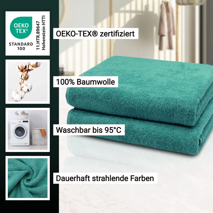 ZOLLNER 2er Set Badetücher, 100% Baumwolle, 100x150 cm, 420g/qm, türkis – Bild 2