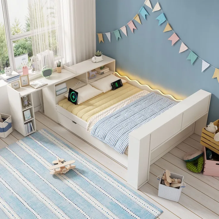 Ausziehbett mit Liegefläche 140×200 cm, Gästebett 90×190 cm und LED, Weiß, ohne Matratze