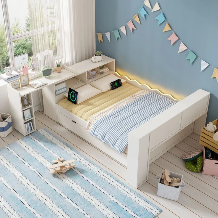 Ausziehbett mit Liegefläche 140×200 cm, Gästebett 90×190 cm und LED, Weiß, ohne Matratze – Bild 1