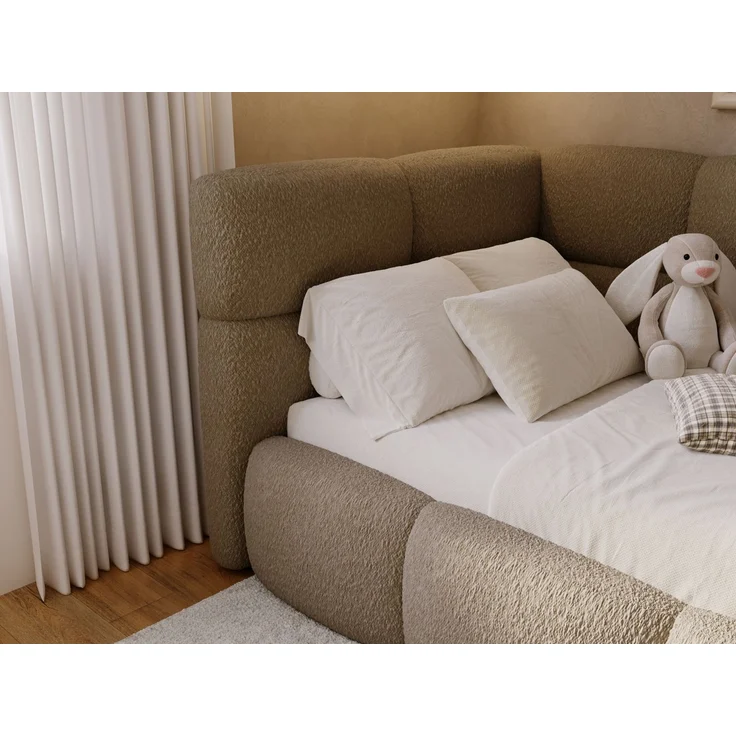 GRAINGOLD Modo One Jugendbett 90x200, Einzelbett mit Bettkasten, mit Lattenrost, Bouclé-Stoff, Rechts, Braun – Bild 7