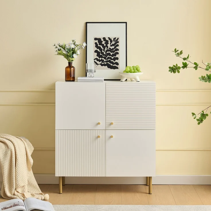 Sideboard Weiß MDF 80 x 36 x 90 cm, modern, Metallbeine, Aufbewahrungsschrank Wohnzimmer Schlafzimmer Flur – Bild 4