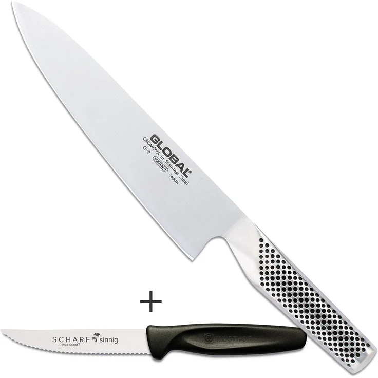 Global G-2 Kochmesser 20 cm Bestseller plus SCHARFsinnig Pizza-Steakmesser – Bild 1
