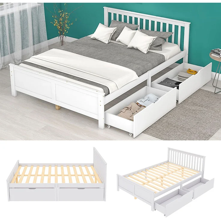 CHICFURN Doppelbett aus Kiefernholz und MDF Weiß 140x200 cm mit 2 Schubladen – Bild 5