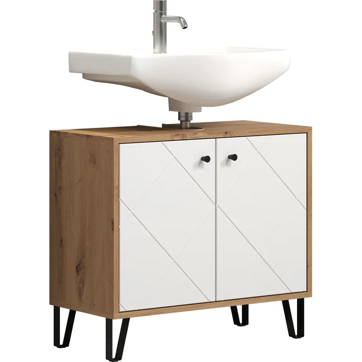 Trendteam 'Touch' Waschbeckenunterschrank, MDF Weiß/Eiche, 69 x 61 x 33 cm
