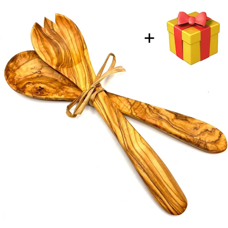 Olivenholz-erleben Salatbesteck Salatbesteck mittel mit Bastband (Set, 2-tlg, 1x Salatlöffel, 1x Salatgabel), Stilvoll Salate servieren – ein echter Blickfang auf dem Tisch. – Bild 4