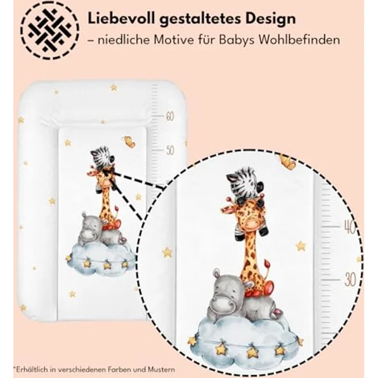 Wickelauflage 50x70 cm, Weiß mit Safari-Tieren – abwaschbar & wasserdicht, weich für Neugeborene – Wickeltischauflage für Wickelkommode – Baby Wickelunterlage, schnell abwischbar – Bild 3