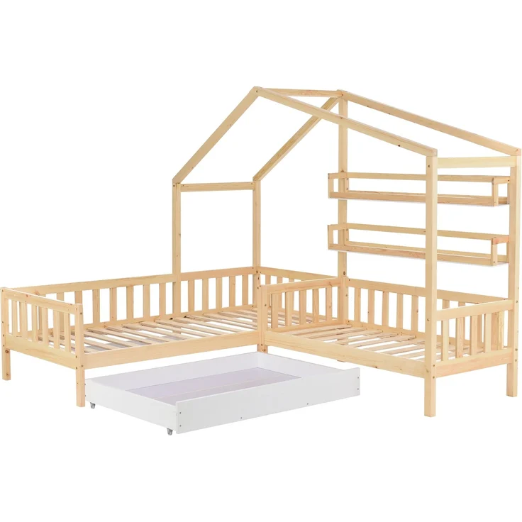 U-life Hausbett L-Form 90x200 cm und 140x70 cm, Kinderbett mit Schubladen und Regalen, Massivholz mit Sicherheitszaun und Lattenrost, Natur – Bild 6