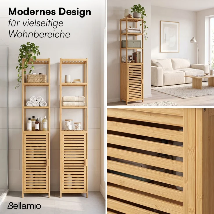Bellamio 'Newa' Badezimmer Hochschrank, Bambus, natur, 165x33x33 cm, Badezimmerschrank mit 5 Ablagefächern – Bild 5