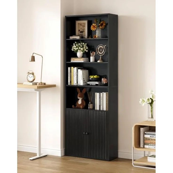 IRONCK Bücherregal mit Türen, Standregal mit 6 Ebenen, Holz Regal mit Türen, Bücherschrank, offenes Aufbewahrungsregal für Arbeitszimmer, Büro, Wohnzimmer, Schlafzimmer 180 x 60 x 23.5 cm (schwarz) – Bild 2