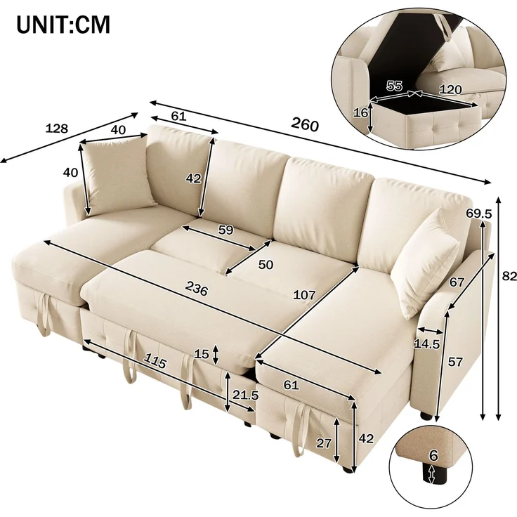 Merax U-Form Chenille Sofa mit Schlaffunktion, Schlafsofa mit 2 Stauraum-Chaiselongues, ausziehbares Schlafsofa mit 1× USB & 1× Type-C Ladeanschluss, mit 2 Kissen, Beige, 260×128×82 cm – Bild 4