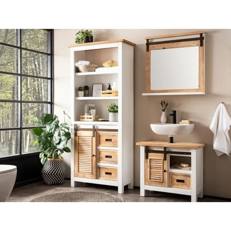 Rustikaler Capera Spiegel 70x70cm Massivholz weiß braun mit Ablage Wandspiegel für Bad | massivum – Bild 2