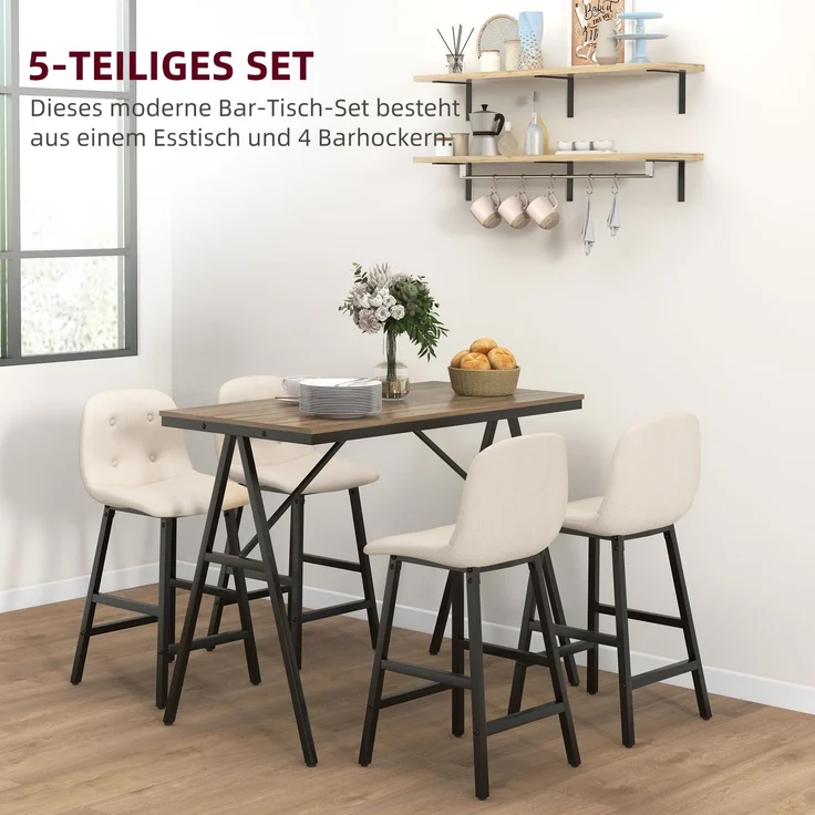 MELAYR, Bargarnitur 5-teilig, Tisch und 4 Stühle, Knopfheftung, dicke Polsterung, Leinenoptik, Beige, 120 x 60 x 91 cm – Bild 6