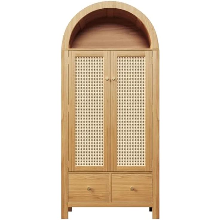 Arcus Gewölbter Kleiderschrank mit Rattan-Türen, 3 Staubereichen, 2 Schubladen für Schlafzimmer & Eingangsbereich (Naturfarbe) – Bild 3