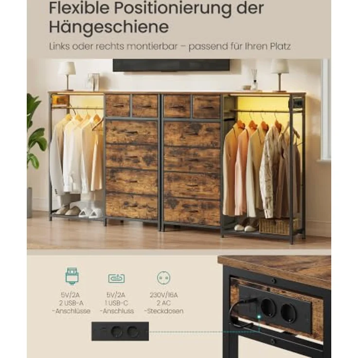 SONGMICS Kommode mit 6 Stoff Schubladen und Kleiderstange, mit LED-Beleuchtung und Steckdosen, Kleiderstange und Schuhablage, 102,7 x 35 x 117,6 cm, für Schlafzimmer, Rustikales Braun LGS523K102 – Bild 5
