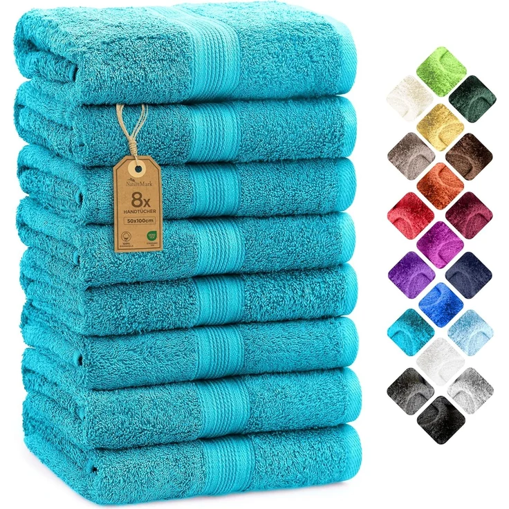 NatureMark 8 Handtücher Set - 100% Baumwolle - Saugfähige und langlebige Handtücher, Größe 50×100 cm, Türkis