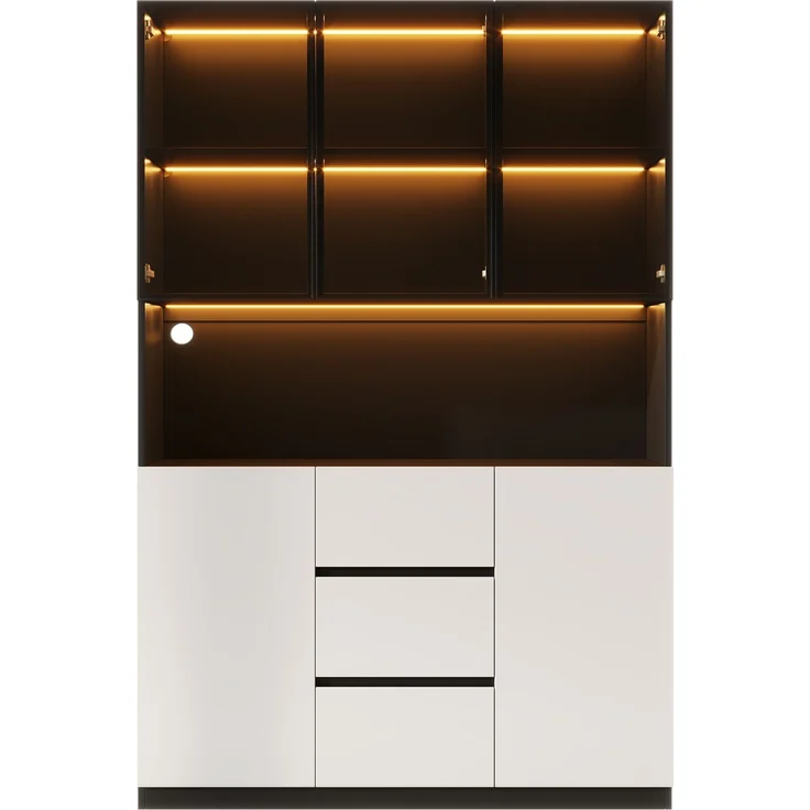 ZUBALIYA LED-beleuchtete Glasvitrine 120×40×200 cm – Vitrine aus gehärtetem Glas mit offenen Regalen, drei Schubladen und zwei Türen. Ein vielseitiger Schrank, der sich für Wohn- und Esszimmer eignet. – Bild 9