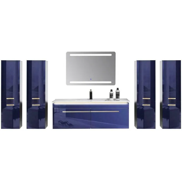 Badmöbel Set 240 cm Königsblau Hochglanz Lackiert Komplett Badschrank 7 Tlg LED