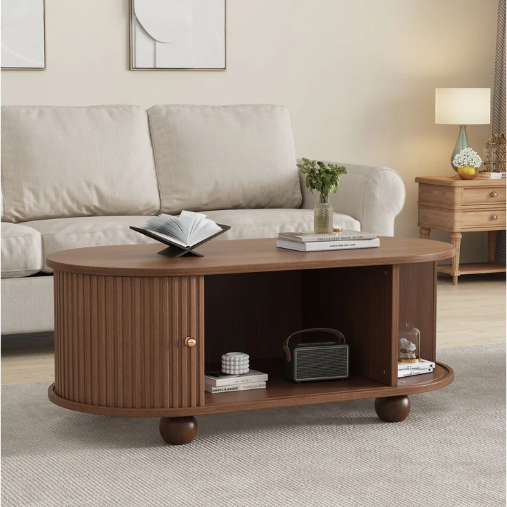 Ovaler Couchtisch aus MDF mit Stauraum und Schiebetür, 100x50x40 cm, Walnuss – Bild 2