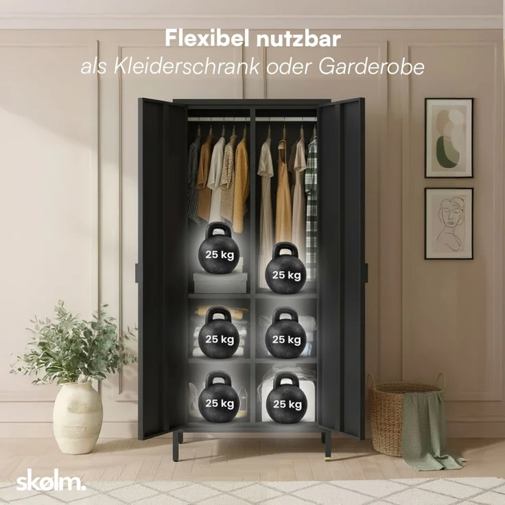skølm 'Ituri' Kleiderschrank, Metall, 170x45x80 cm, schwarz, Garderobe mit 4 Fächern und 2 Kleiderstangen – Bild 5