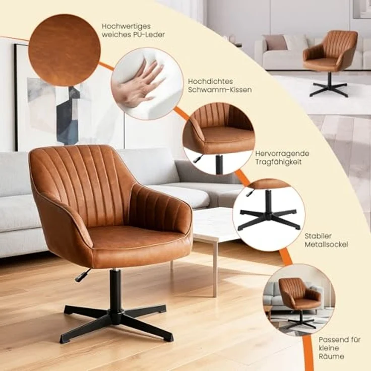 Sweetcrispy Esszimmerstühle, Küchenstuhl Drehbar & Höhenverstellbar - Leder Sessel Esstisch mit Armlehne, 360° Drehstuhl Esszimmer in Braun, 2 Stück – Bild 4
