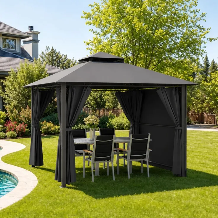 JUMMICO Garten pavillon 3 x 3 m, erweiterbar auf 3 x 4,8 m, mit Verstellbarer Markise, ideal für Garten und Terrasse, zum Entspannen, Grillen und Feiern, mit vierseitigem Stoffbesatz, Dunkelgrau