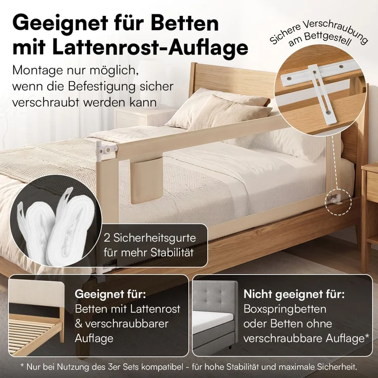 Bellabino 'Drina' Bettschutzgitter mit 2 Sicherheitsgurten, Rausfallschutz klappbar & höhenverstellbar, aus Oxford-Stoff & Metall, 200 cm, beige – Bild 6