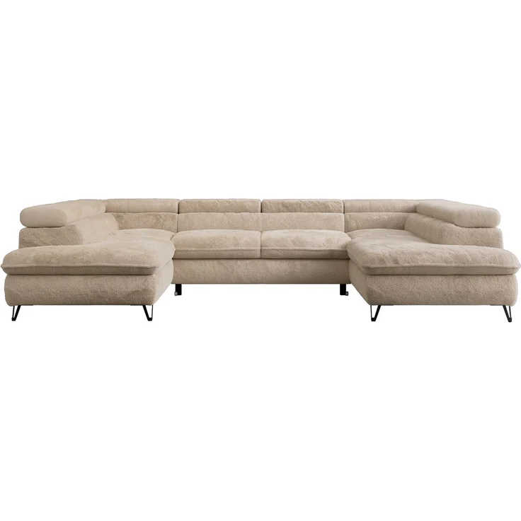 Ecksofa U-Form, mit Bettkasten, Bettfunktion und Einstellbare Kopfstützen, Sofa big XXL - PETER U - Beige Plüsch – Bild 6