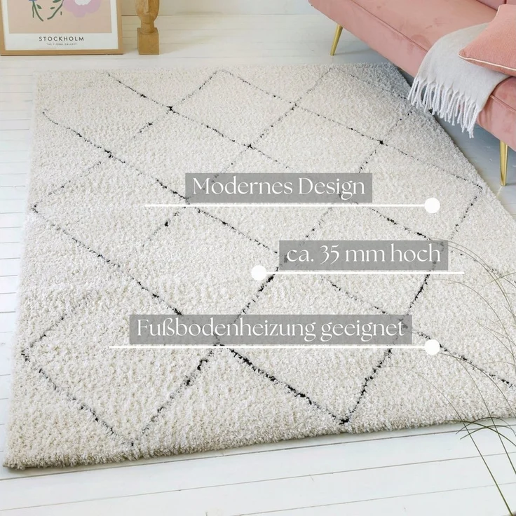 OTTO home Hochflor-Teppich Aveline, auch als Läufer erhältlich, rechteckig, Höhe: 35 mm, Langflor, Shaggy im Berber Stil, geometrisch, Raute, Wohnzimmer – Bild 3