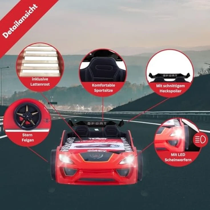 Coemo Autobett DREAM RACER (Spielbett mit Spoiler), Rot Kinderbett 90x200 Sportsitz Rückenpolster, Lattenrost LED-Licht – Bild 4