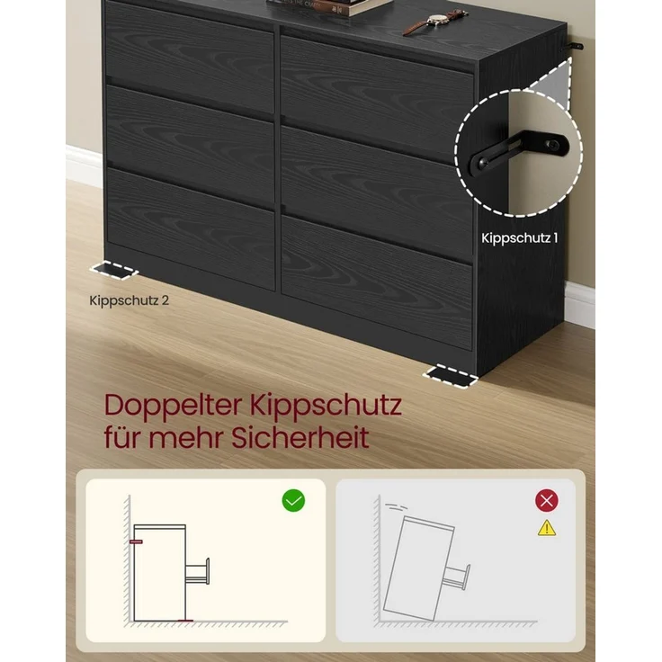 VASAGLE Kailyn Kollektion - Kommode mit 6 Schubladen, Aufbewahrungsschrank, Wäschekommode, für Schlafzimmer, 40 x 119,4 x 75 cm, modern, ebenholzschwarz – Bild 3