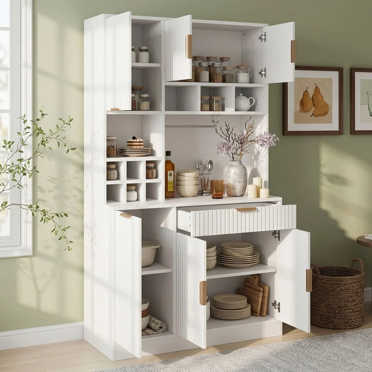 EINHOM Buffetschränke, Esszimmer-Hochschrank 100 x 40 x 175 cm, Mehrstufigem Stauraum, Integrierter Steckdose sowie USB-C- und USB-A-Anschlüssen, Inklusive Weinglasablage und Flaschenaufbewahrung, Weiß – Bild 4