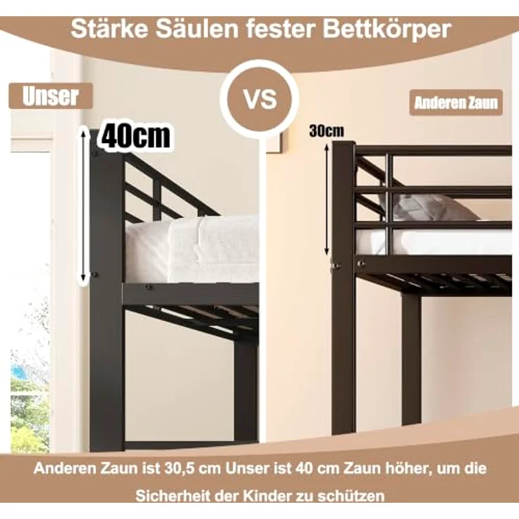 FAVSH Etagenbett 140x200 cm für 3 Personen aus Metall, Hochbett mit Rausfallschutz und Leiter, Geräuscharmes Doppelbett, rutschfest, für Jugendliche und Erwachsene, WG & Ferienwohnung, Schwarz B – Bild 3