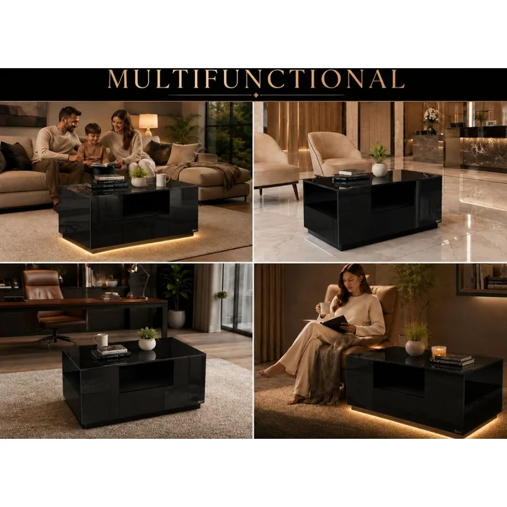 Makika LED Couchtisch mit Ablagefach und Schubladen, Holz schwarz, Hochglanz, 95 x 57 x 45 cm – Bild 7