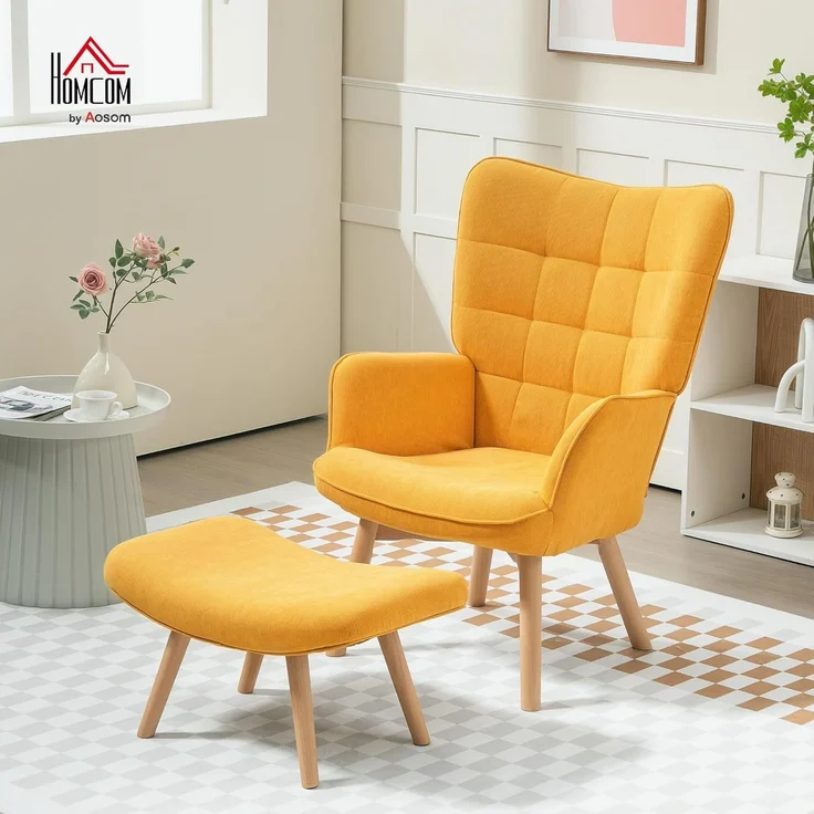 HOMCOM Relaxsessel mit Hocker, Kordoptik, Holzbeine (Ohrensessel, 2-St, Polstersessel), für Wohnzimmer, Orange – Bild 2
