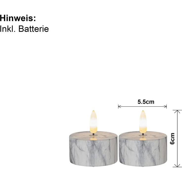 Beton-Kerzen ,Flamme Marble', 2er Set Teelichter in Marmor-Optik, Batterie + Timer, warmweiß, Ø 5,5cm – Bild 6