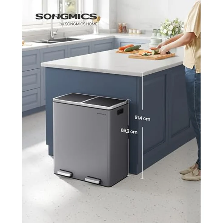SONGMICS Mülleimer, 2 x 30 Liter, 2 Fächer, Mülltrennsystem, Treteimer, Abfalleimer Küche, 15 Müllsäcke, Metall, Inneneimer aus Kunststoff, Klappdeckel, Softclose, luftdicht, schiefergrau – Bild 2
